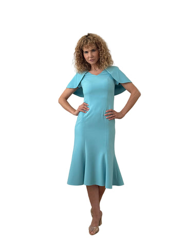 Rochie Midi din Stofă Fină cu Capă Structurală, Decolteu în V și Fustă Sirenă - Idyllic