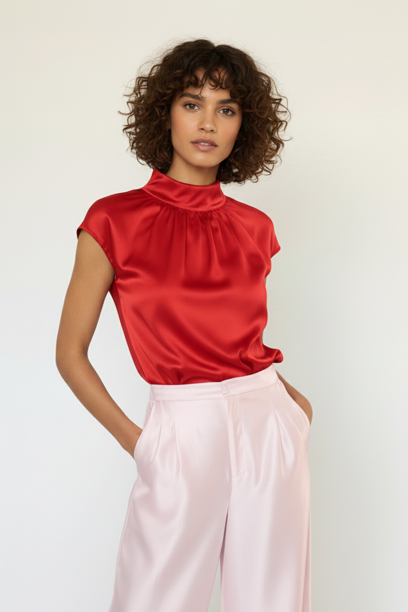 Top elegant Idyllic din satin cu guler pe gât și umeri căzuți, vedere frontală.