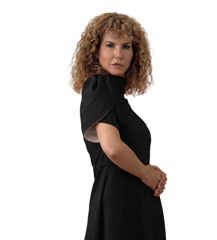 Rochie Midi din Stofă Fină cu Guler Înalt și Mâneci Lalea cu Dublură Contrast - Idyllic