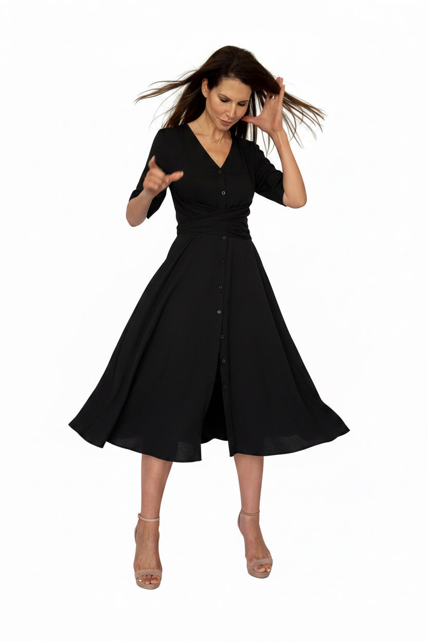 Rochie Midi Elegantă cu Cordoane Laterale, Decolteu în V și Nasturi - Idyllic 2 - idyllicstore