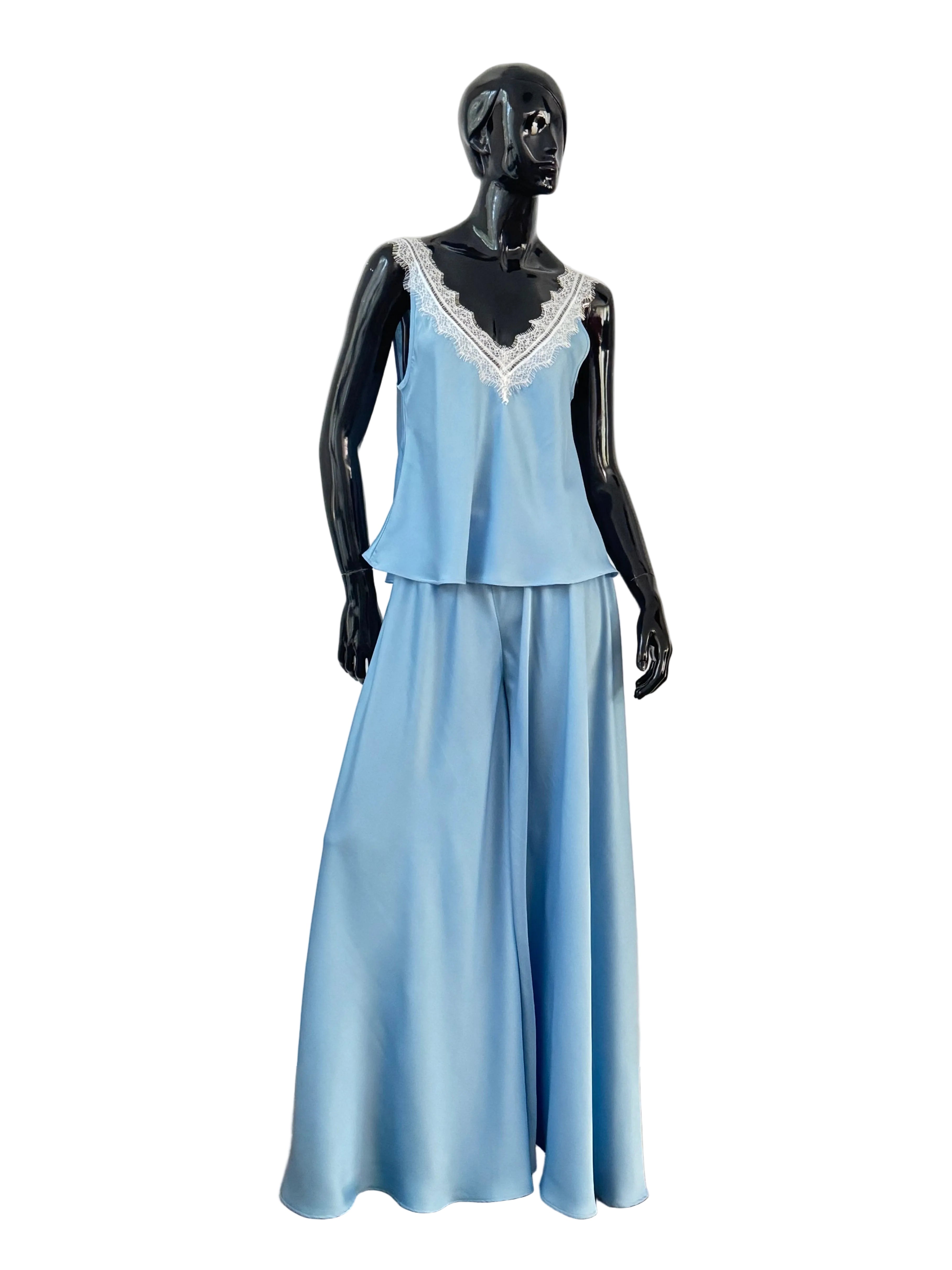 Pijama din mătase cu pantaloni lungi cloș și maieu cu dantelă Chantilly - idyllicstore