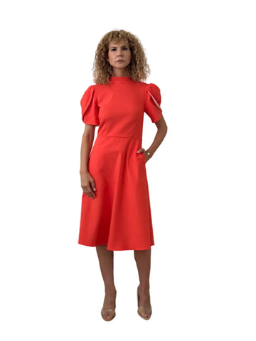 Rochie Midi din Stofă Fină cu Guler Înalt și Mâneci Lalea cu Dublură Contrast - Idyllic
