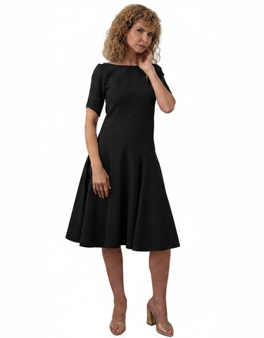 Rochie Midi din Stofă Fină cu Croială Geometrică, Decolteu Bărcuță și Clini - Idyllic