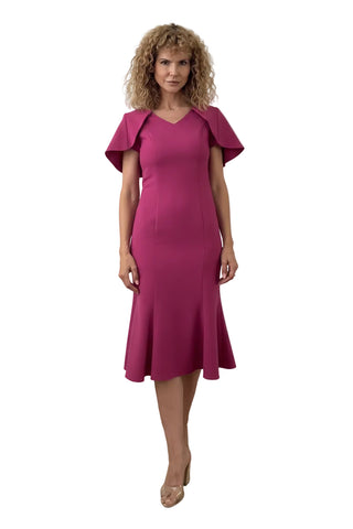 Rochie Midi din Stofă Fină cu Capă Structurală, Decolteu în V și Fustă Sirenă - Idyllic