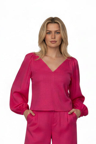 Bluză Damă din 100% In cu Decolteu în V Față-Spate și Mâneci Ample - Idyllic - idyllicstore