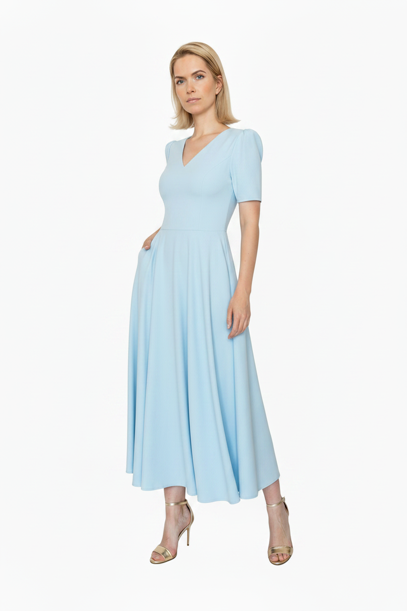 Rochie Elegantă din 100% In cu Fustă Semicloș și Decolteu în V - Idyllic