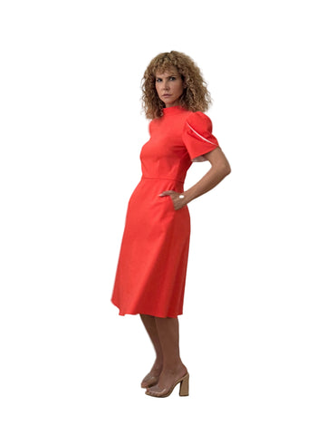 Rochie Midi din Stofă Fină cu Guler Înalt și Mâneci Lalea cu Dublură Contrast - Idyllic