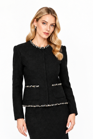 Blazer Scurt din Stofă Bouclé de Lână cu Aplicații din Mărgeluțe Couture