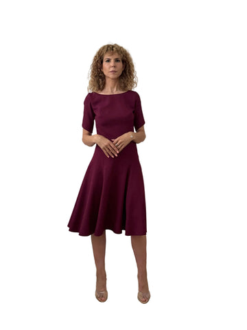 Rochie Midi din Stofă Fină cu Croială Geometrică, Decolteu Bărcuță și Clini - Idyllic