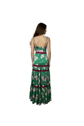 Rochie Lungă din Satin Imprimat cu Corset și Fustă cu Volane