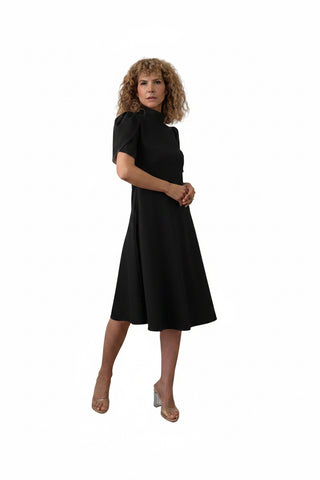 Rochie Midi din Stofă Fină cu Guler Înalt și Mâneci Lalea cu Dublură Contrast - Idyllic
