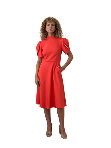 Rochie Midi din Stofă Fină cu Guler Înalt și Mâneci Lalea cu Dublură Contrast - Idyllic