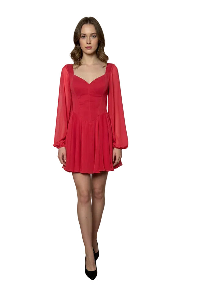 Rochie scurtă din voal cu corset și mâneci lungi – Eleganță feminină cu un aer romantic