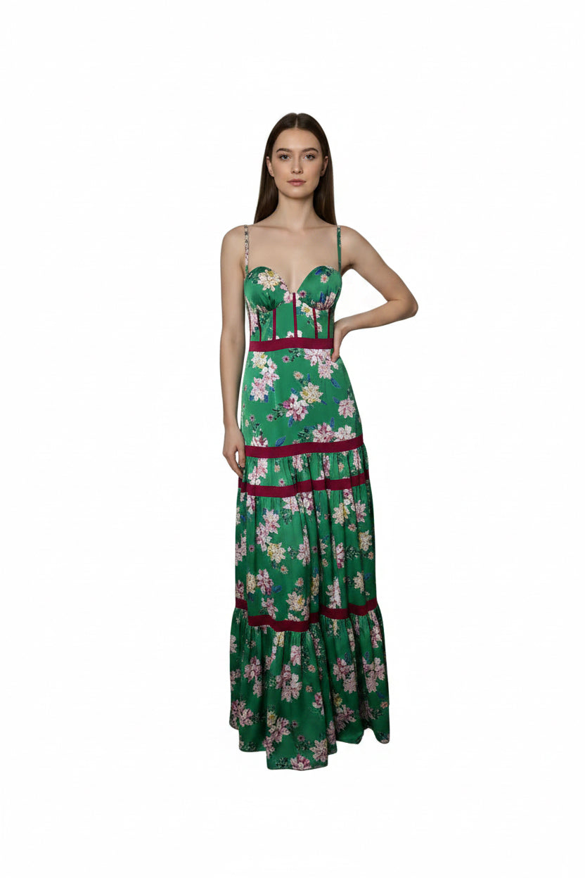 Rochie Lungă din Satin Imprimat cu Corset și Fustă cu Volane