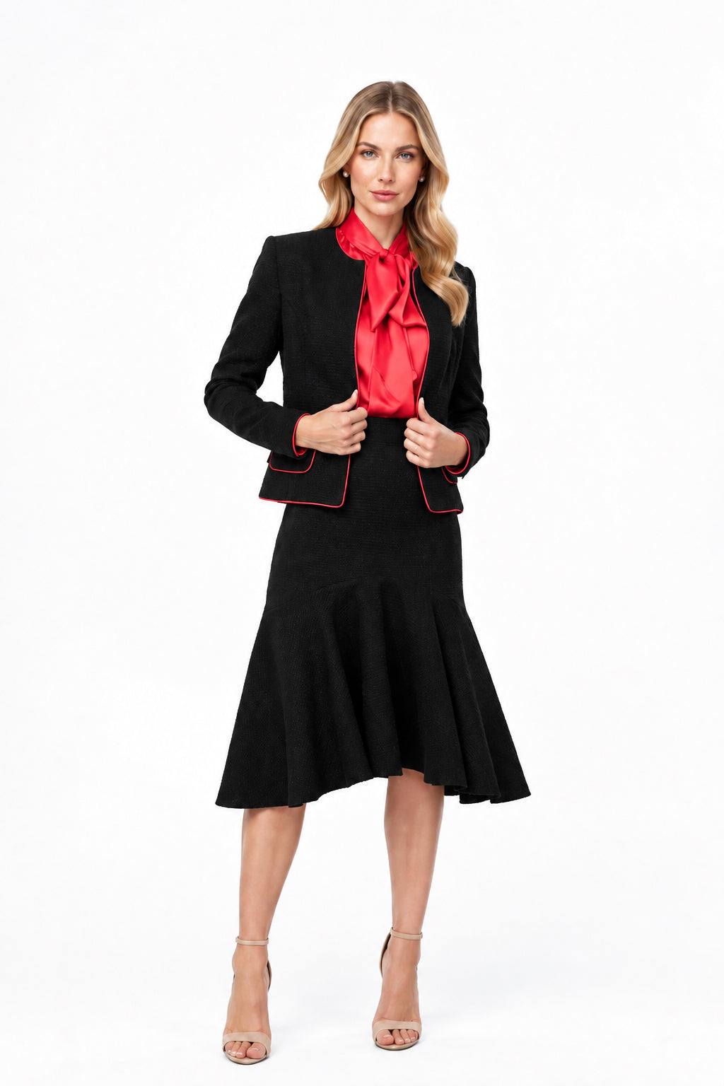 Blazer scurt din stofa boucle de lana fara inchidere cu buzunare aplicate si paspoal rosu Idyllic, vedere frontala.