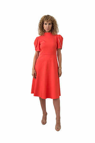 Rochie Midi din Stofă Fină cu Guler Înalt și Mâneci Lalea cu Dublură Contrast - Idyllic