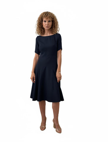 Rochie Midi din Stofă Fină cu Croială Geometrică, Decolteu Bărcuță și Clini - Idyllic
