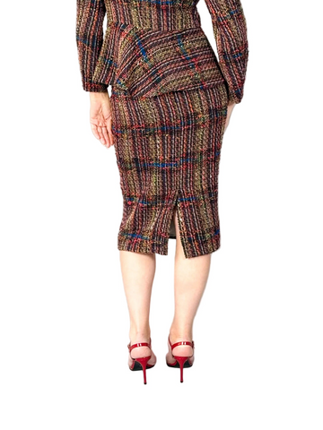 Fustă Conică Elegantă din Stofă Bouclé Multicoloră de Lână cu Șliț Suprapus