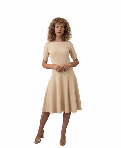 Rochie Midi din Stofă Fină cu Croială Geometrică, Decolteu Bărcuță și Clini - Idyllic