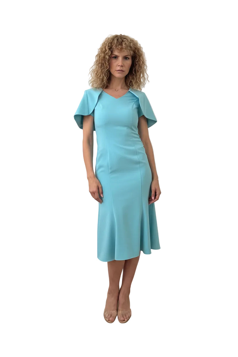 Rochie Midi din Stofă Fină cu Capă Structurală, Decolteu în V și Fustă Sirenă - Idyllic