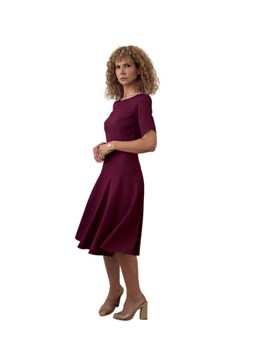Rochie Midi din Stofă Fină cu Croială Geometrică, Decolteu Bărcuță și Clini - Idyllic