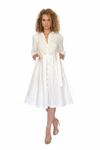 Rochie Cămașă din Bumbac cu Mânecă 3/4 și Pliuri