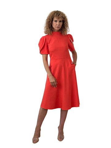 Rochie Midi din Stofă Fină cu Guler Înalt și Mâneci Lalea cu Dublură Contrast - Idyllic