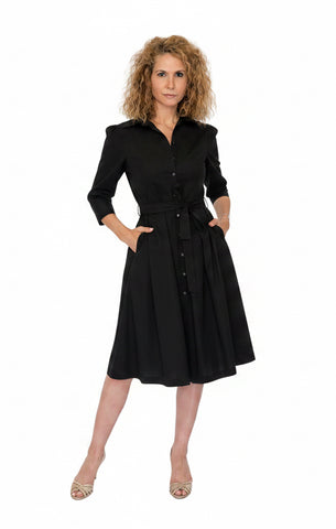 Rochie Cămașă din Bumbac cu Mânecă 3/4 și Pliuri