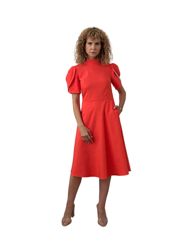 Rochie Midi din Stofă Fină cu Guler Înalt și Mâneci Lalea cu Dublură Contrast - Idyllic