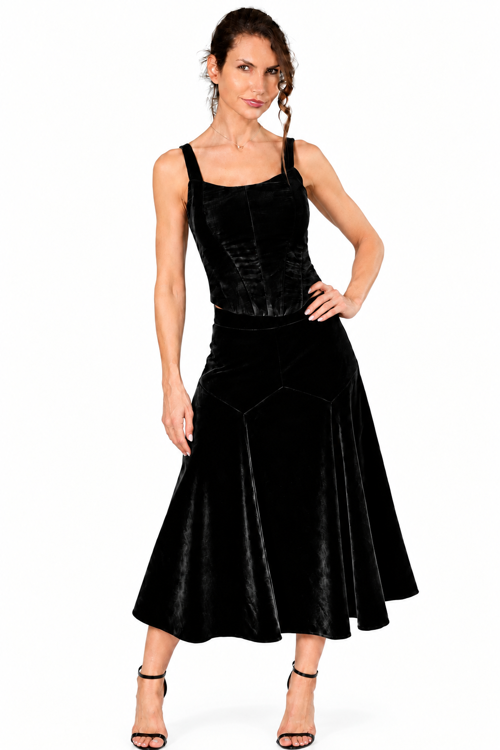 Fustă Midi Elegantă în Clini din Catifea de Bumbac pe Basc cu Cusături Fagure - idyllicstore