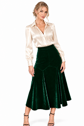 Fustă Midi Elegantă în Clini din Catifea de Bumbac pe Basc cu Cusături Fagure - idyllicstore