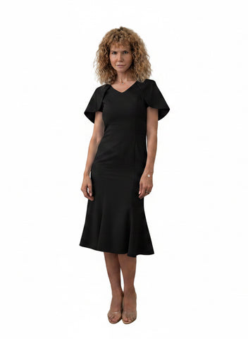 Rochie Midi din Stofă Fină cu Capă Structurală, Decolteu în V și Fustă Sirenă - Idyllic
