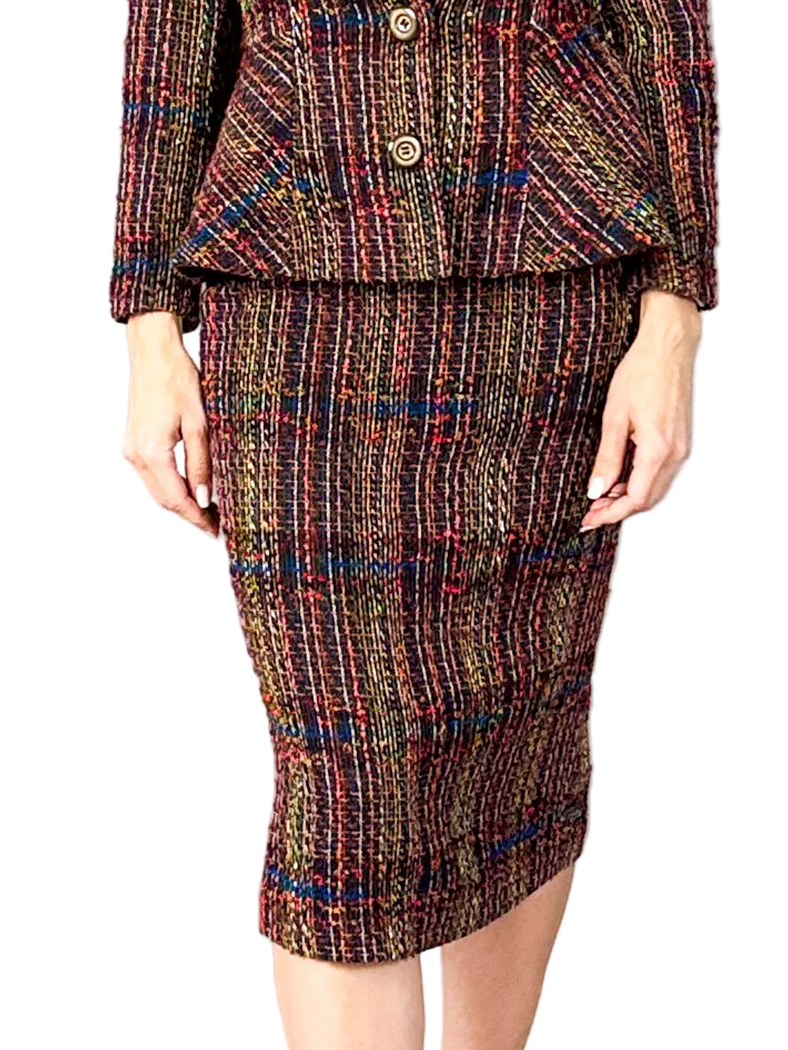 Fusta conica eleganta din stofa boucle multicolora de lana cu talie definita Idyllic, vedere frontala.