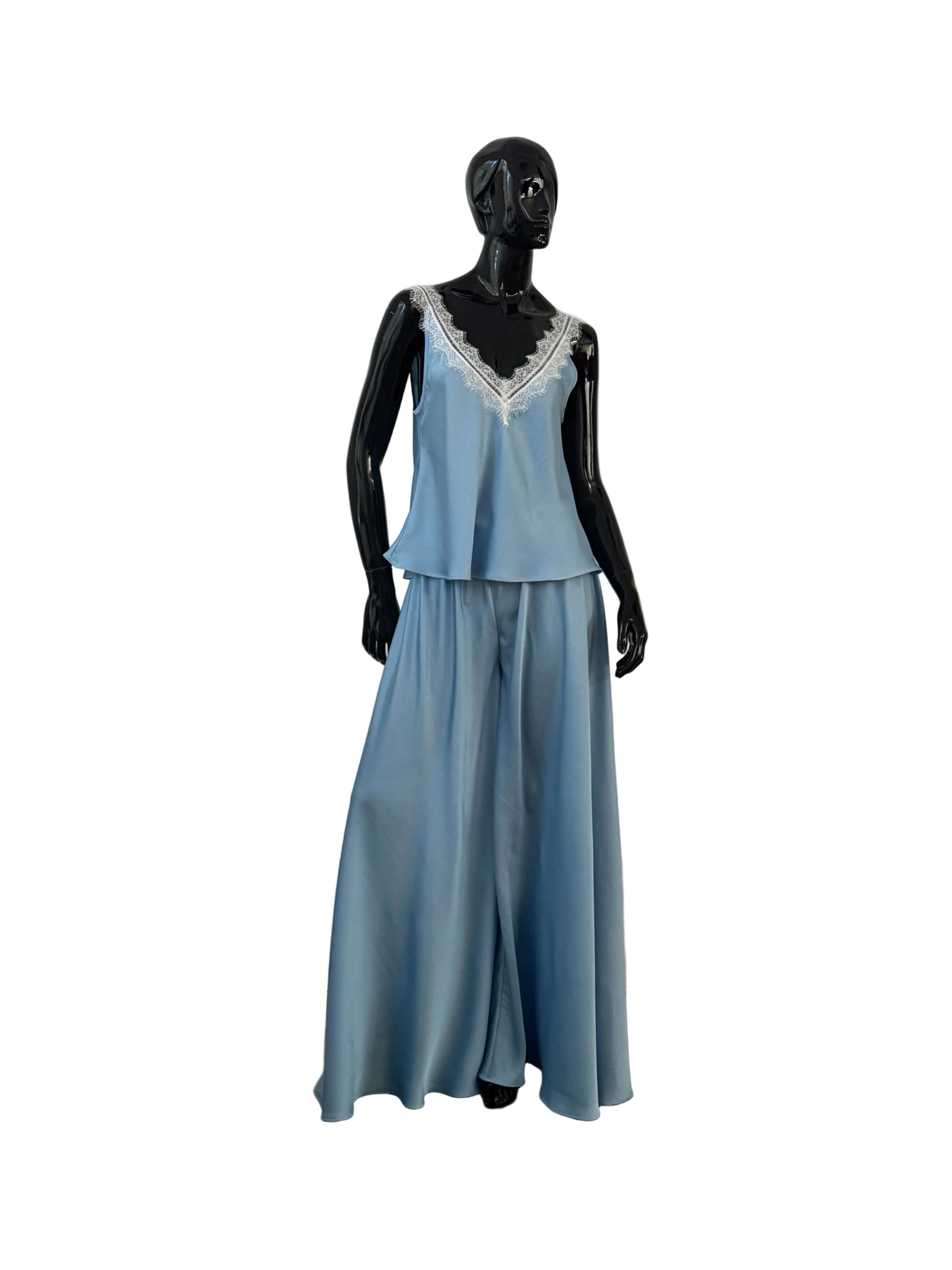 Pijama din mătase cu pantaloni lungi cloș și maieu cu dantelă Chantilly - idyllicstore