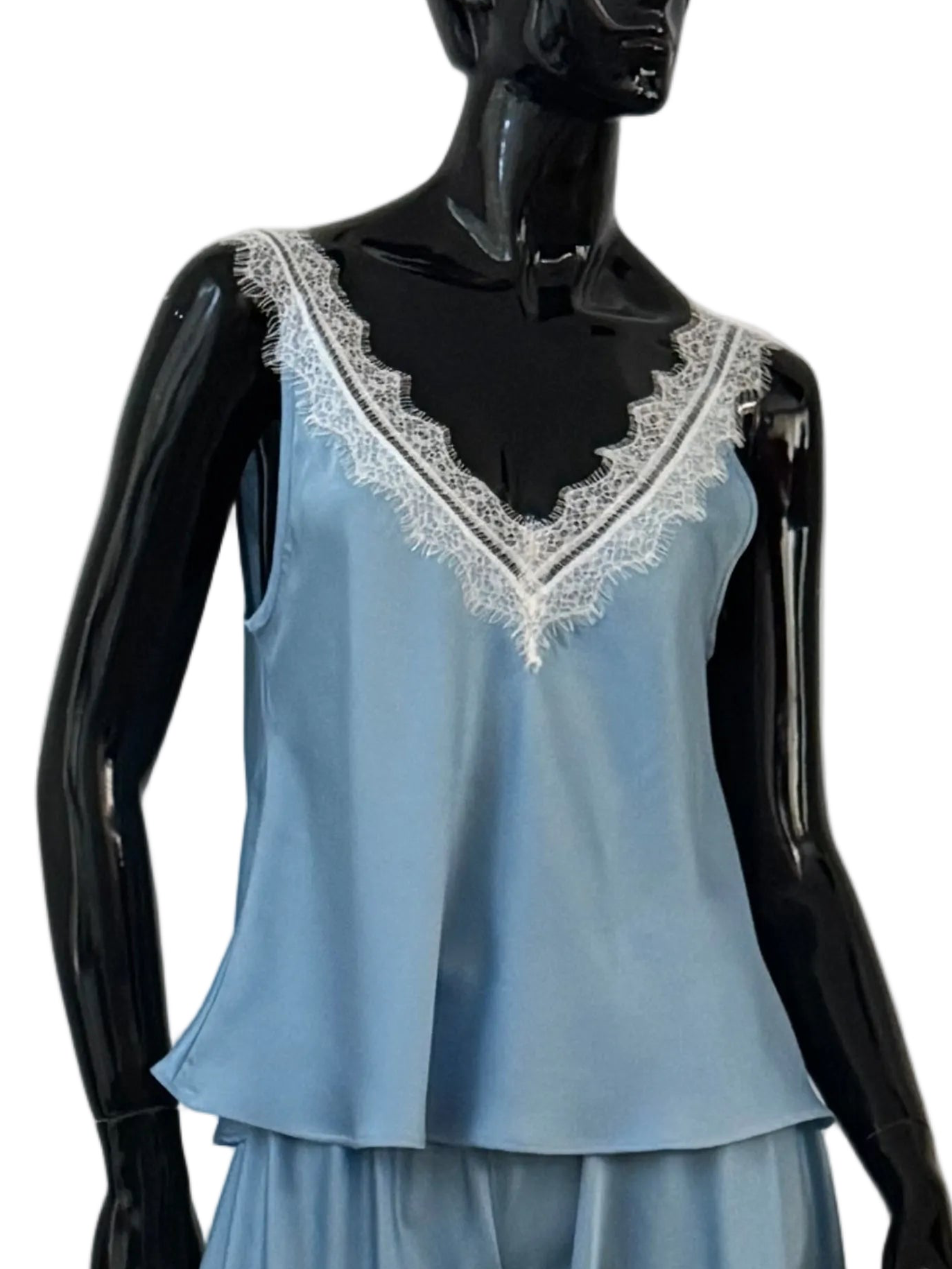 Pijama din mătase cu pantaloni lungi cloș și maieu cu dantelă Chantilly - idyllicstore