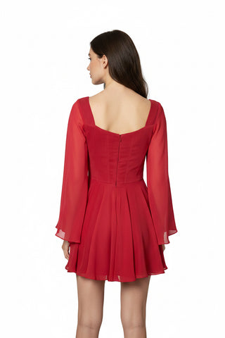 Rochie scurtă din voal cu corset și mâneci lungi – Eleganță feminină cu un aer romantic