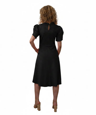 Rochie Midi din Stofă Fină cu Guler Înalt și Mâneci Lalea cu Dublură Contrast - Idyllic