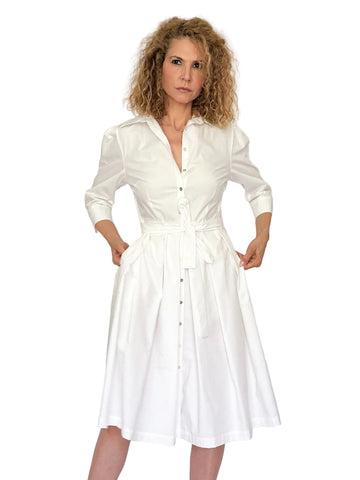 Rochie Cămașă din Bumbac cu Mânecă 3/4 și Pliuri