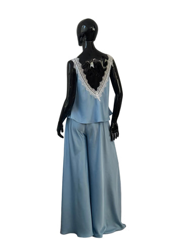 Pijama din mătase cu pantaloni lungi cloș și maieu cu dantelă Chantilly - idyllicstore
