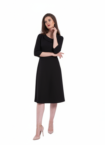 Rochie Midi Elegantă cu Guler Asimetric și Fustă în A - Idyllic