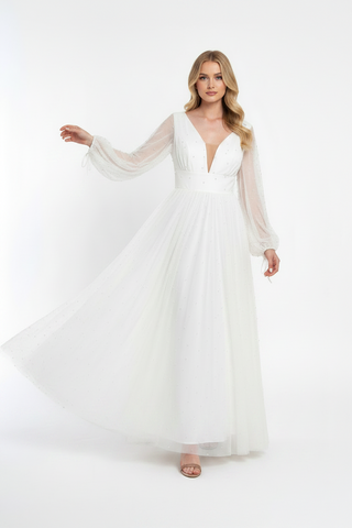 Rochie lunga din tull cu perle aplicate