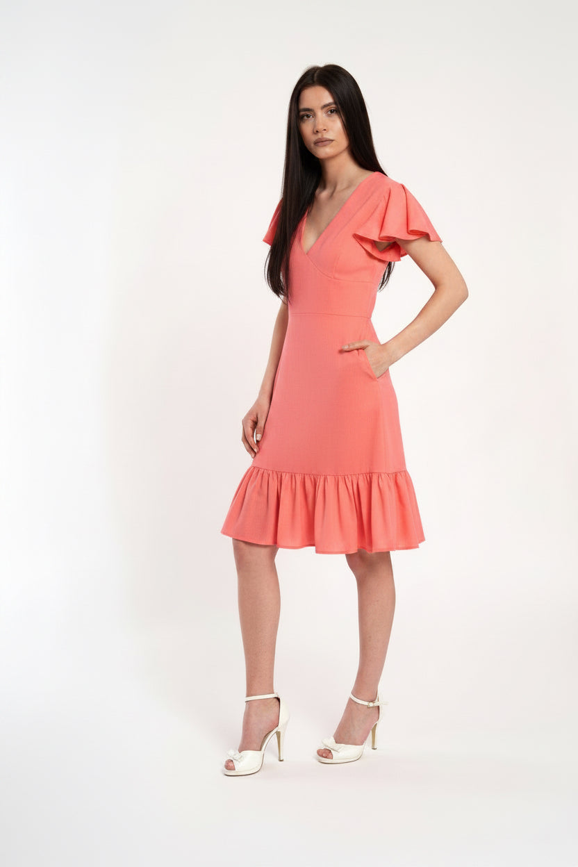 Rochie cu buzunare laterale si fusta in A cu volan la terminatie - idyllicstore