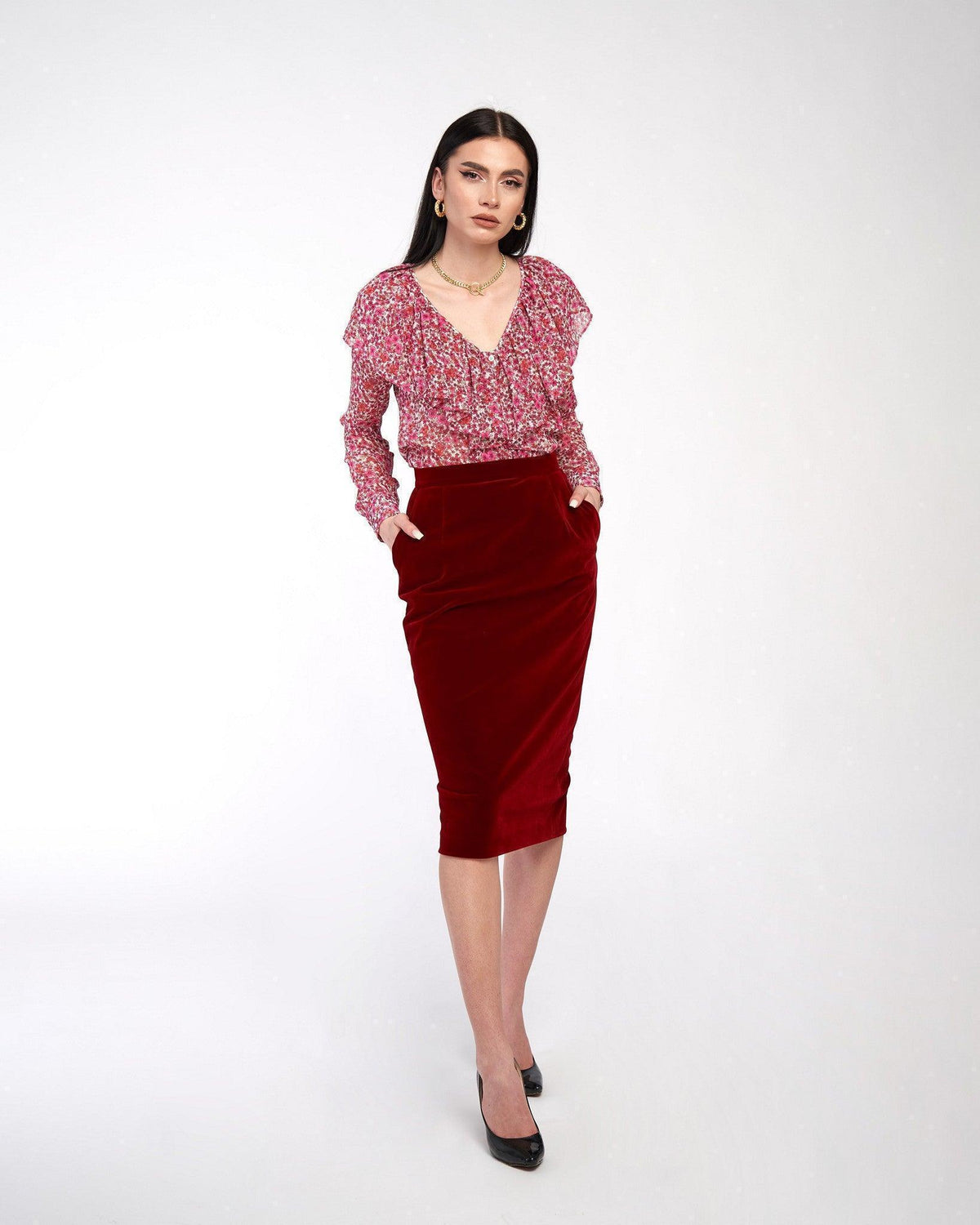 Fustă tip creion din catifea, cu buzunare 2 - idyllicstore