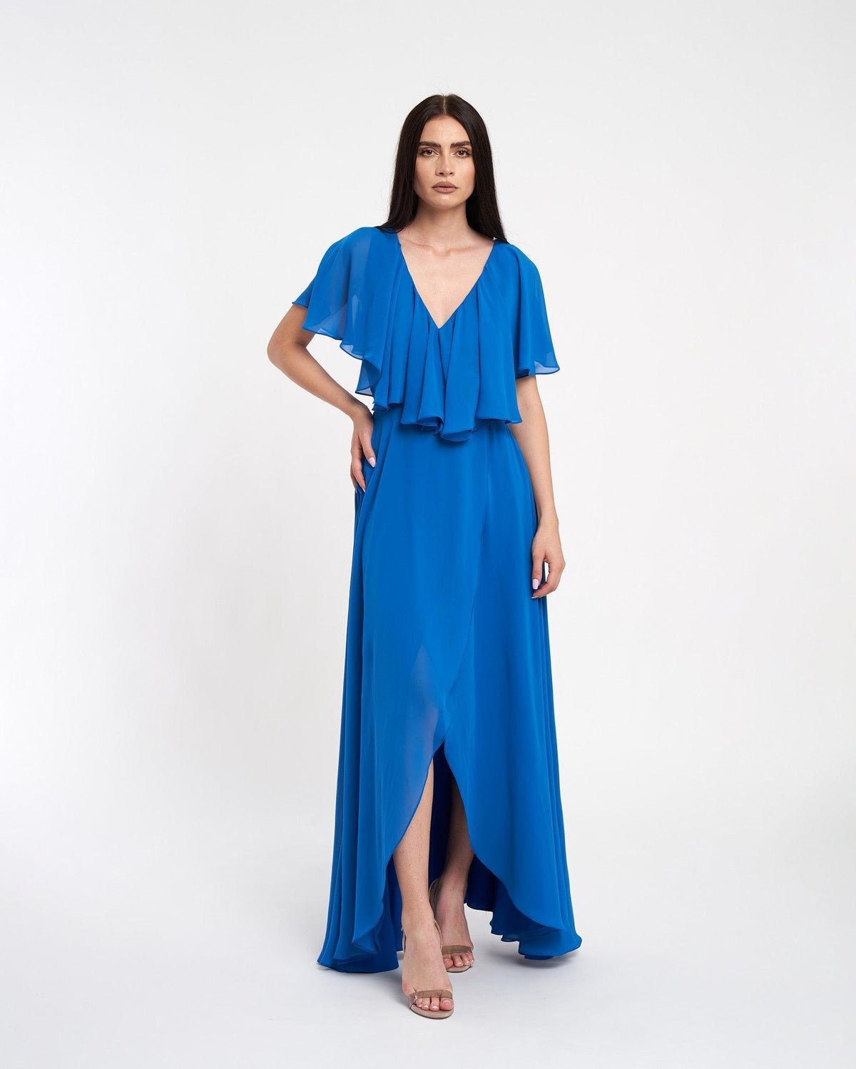 Rochie lunga, parte peste parte, cu volan - idyllicstore